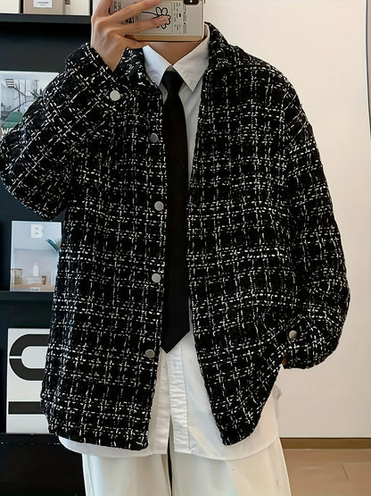 Kessoro Men's Textured Plaid Shirt Jacket in black, image 2 of 7.