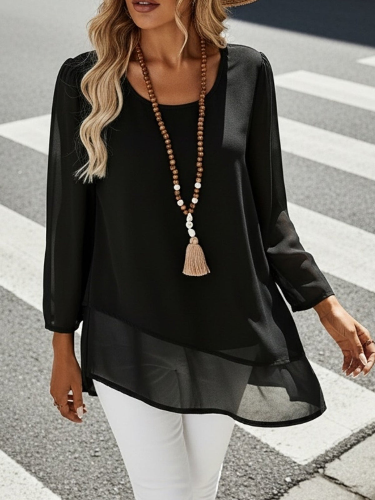 Kessoro women's layered sheer irregular-hem blouse in black and green - view 7 of 11