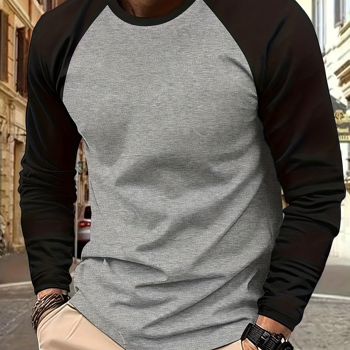 Men's two-tone raglan long-sleeve t-shirt in black, light grey and white, back view 2