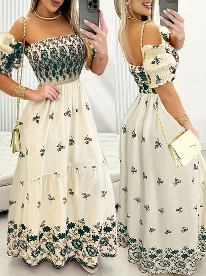 Women's off-the-shoulder smocked floral maxi dress in a multicolour print