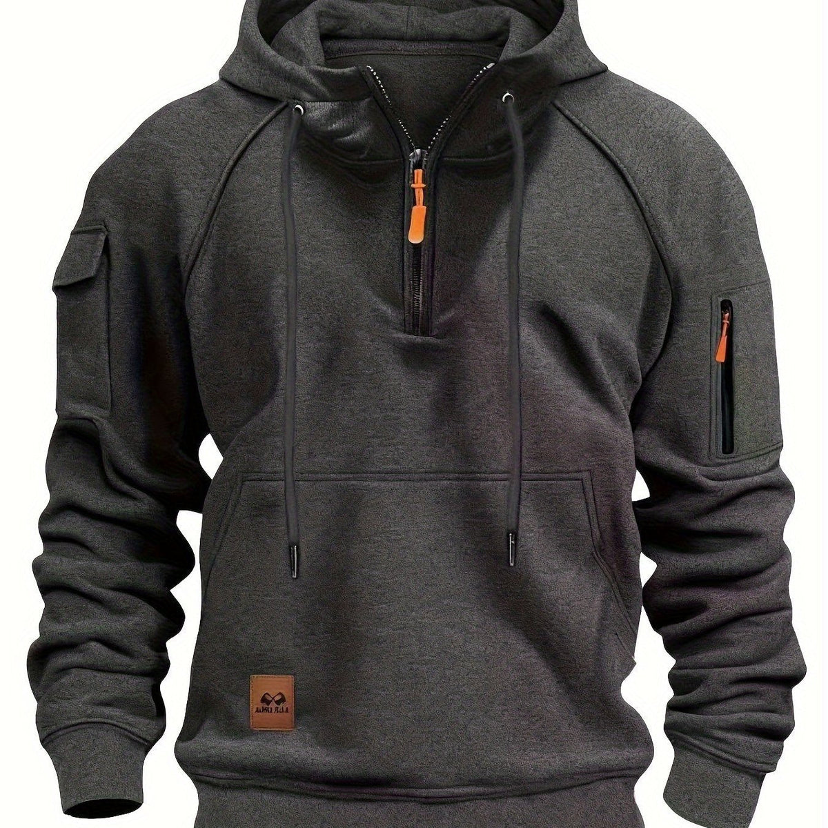 Men's utility quarter-zip hoodie in black, navy, khaki and burgundy with pocket detail, colour option 5 front view