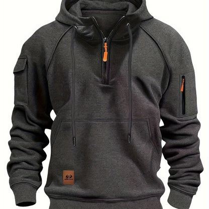 Men's utility quarter-zip hoodie in black, navy, khaki and burgundy with pocket detail, colour option 5 front view