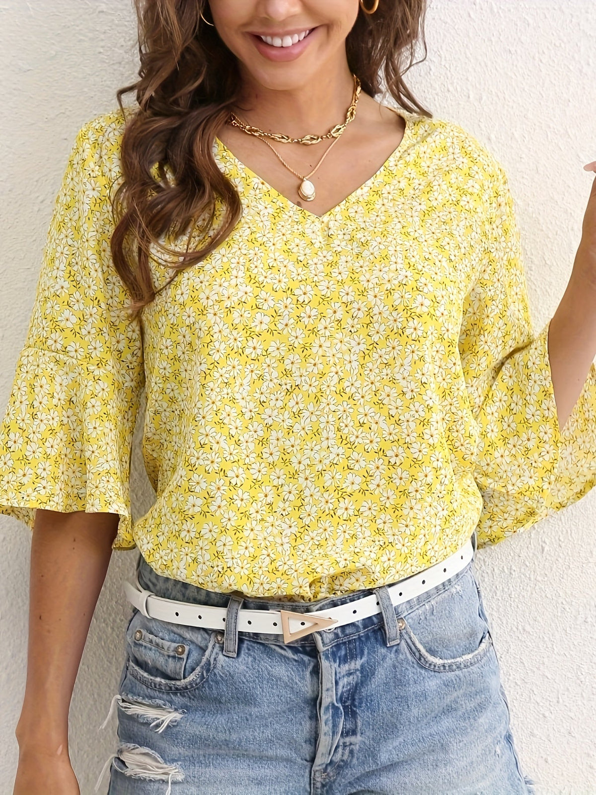 Kessoro women's floral ruffle-sleeve V-neck blouse in royal blue, yellow, green and red – image 11 of 23
