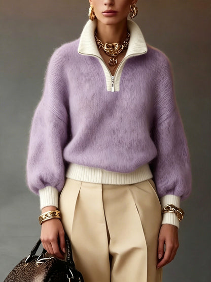 Women's relaxed half-zip ribbed sweater in khaki and lavender, colour option 1 styled view