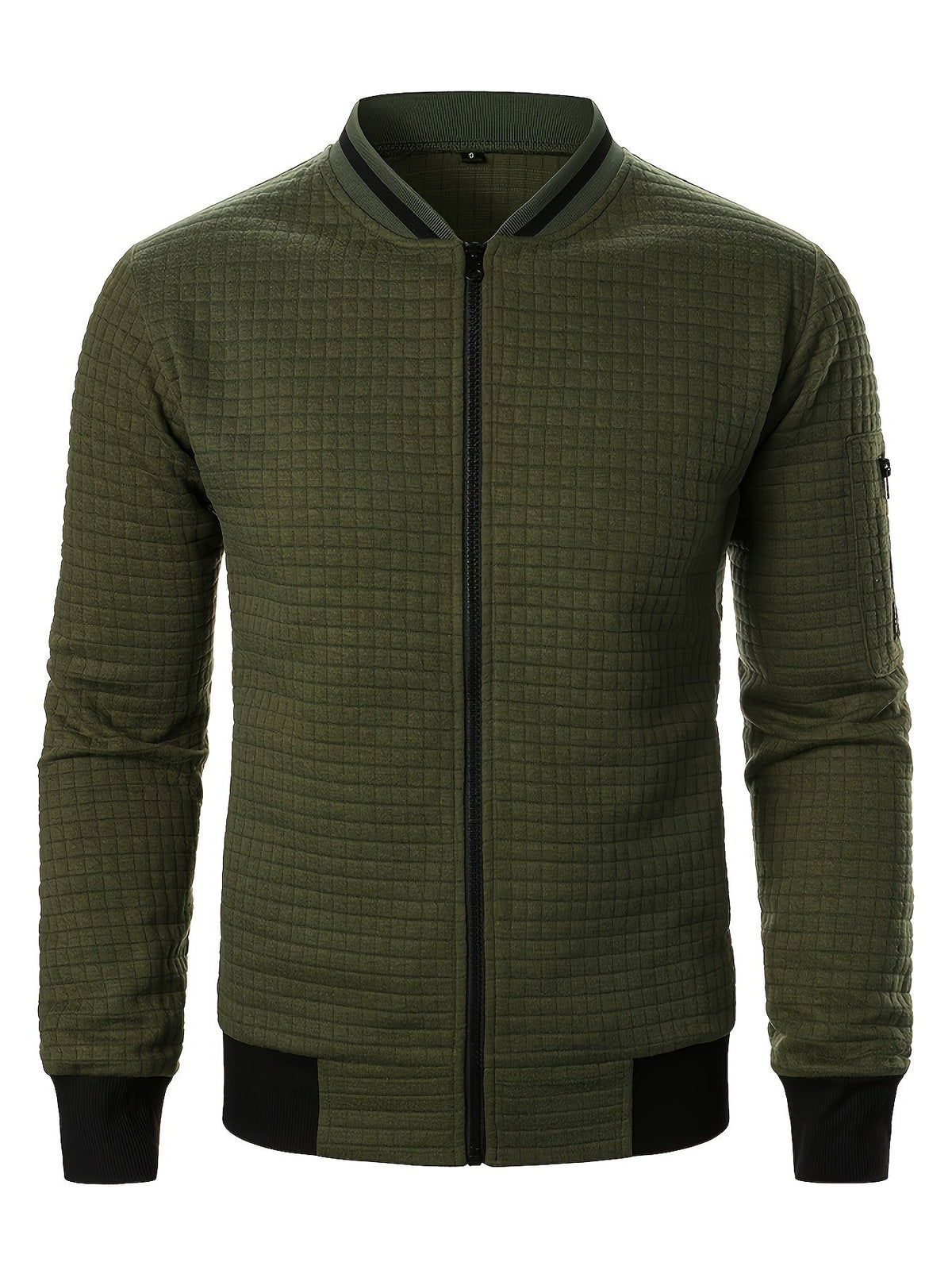 Men's textured stand-collar zip-up bomber jacket in khaki, black, dark gray, military green, navy and burgundy, full-length view 2