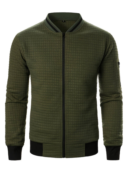 Men's textured stand-collar zip-up bomber jacket in khaki, black, dark gray, military green, navy and burgundy, full-length view 2