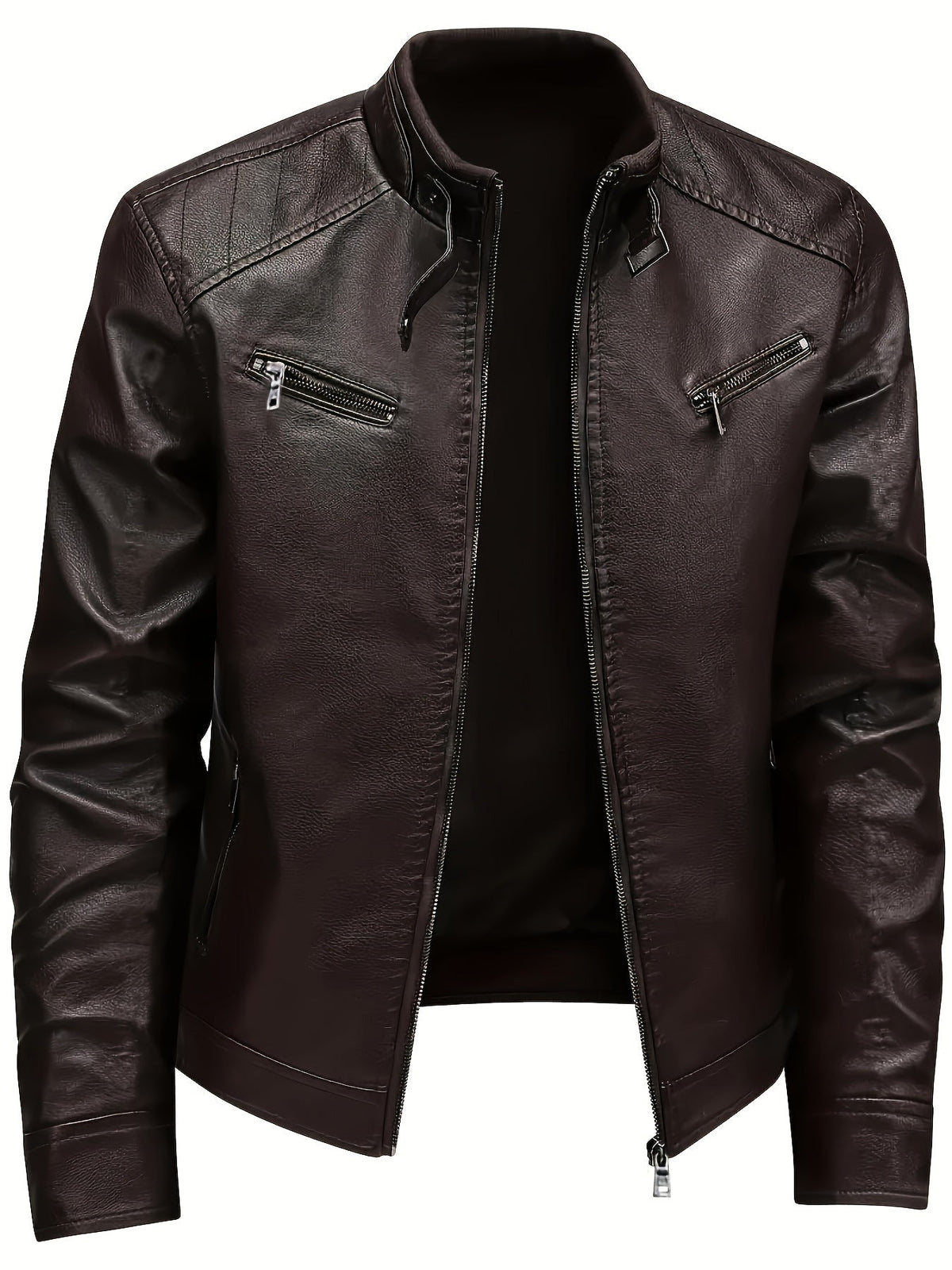Kessoro men's classic stand-collar moto jacket in coffee brown - product view 2