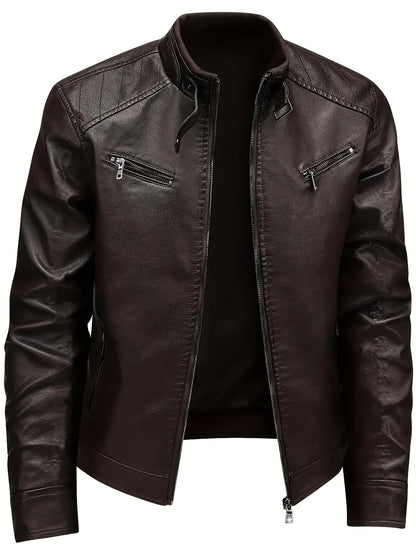 Kessoro men's classic stand-collar moto jacket in coffee brown - product view 2