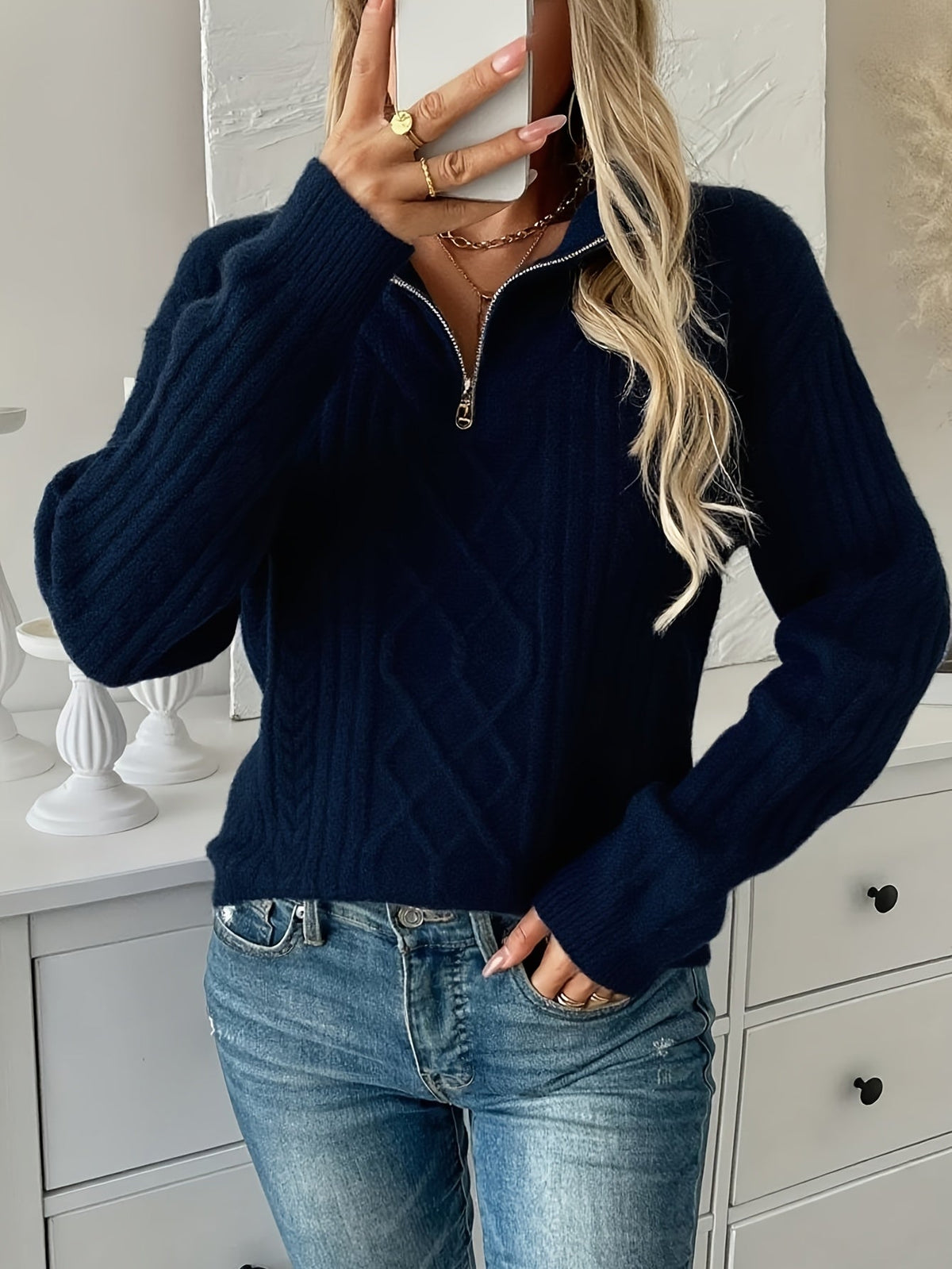 Kessoro women's textured cable-knit half-zip sweater in navy
