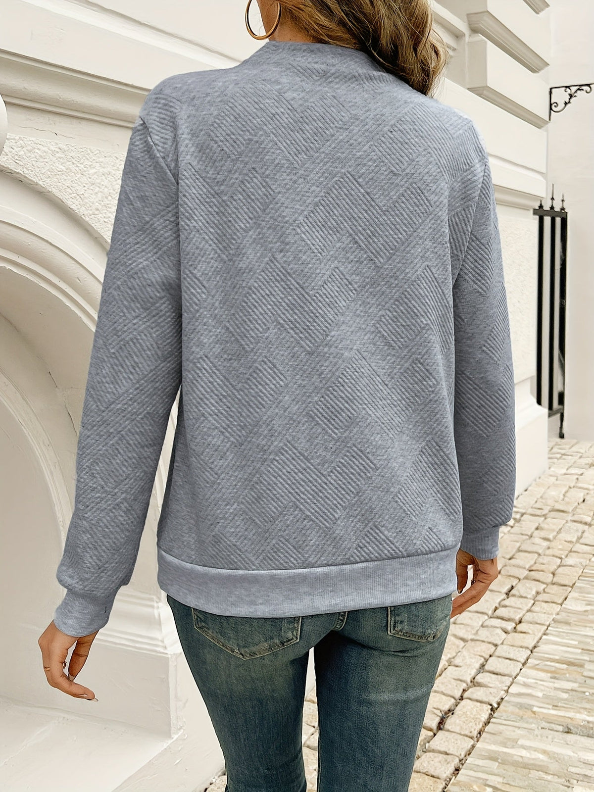 Kessoro women's asymmetrical button-neck knit sweater in space gray – image 9 of 10