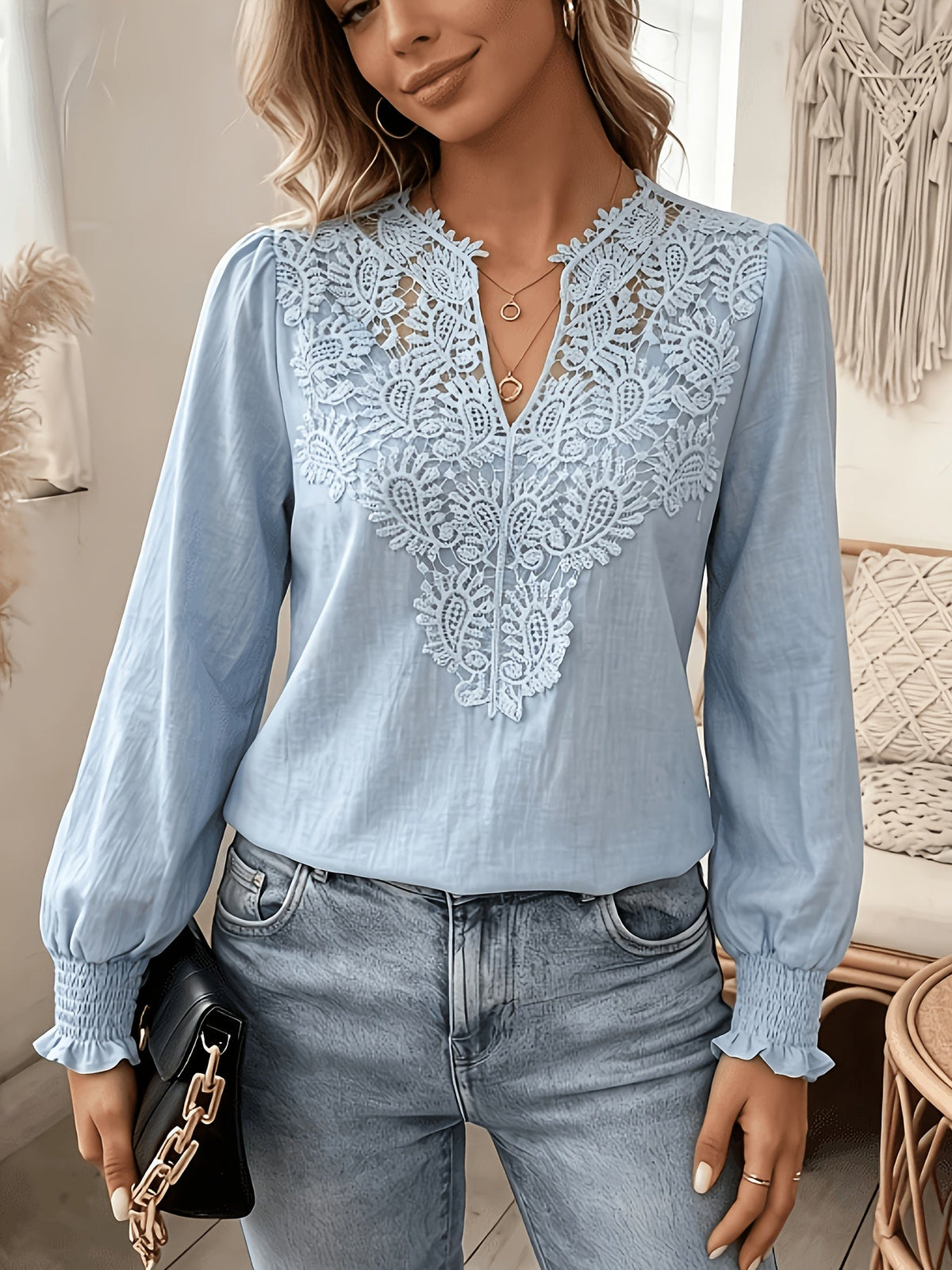 Kessoro women's embroidered V-neck lantern-sleeve blouse in white and light blue – view 7