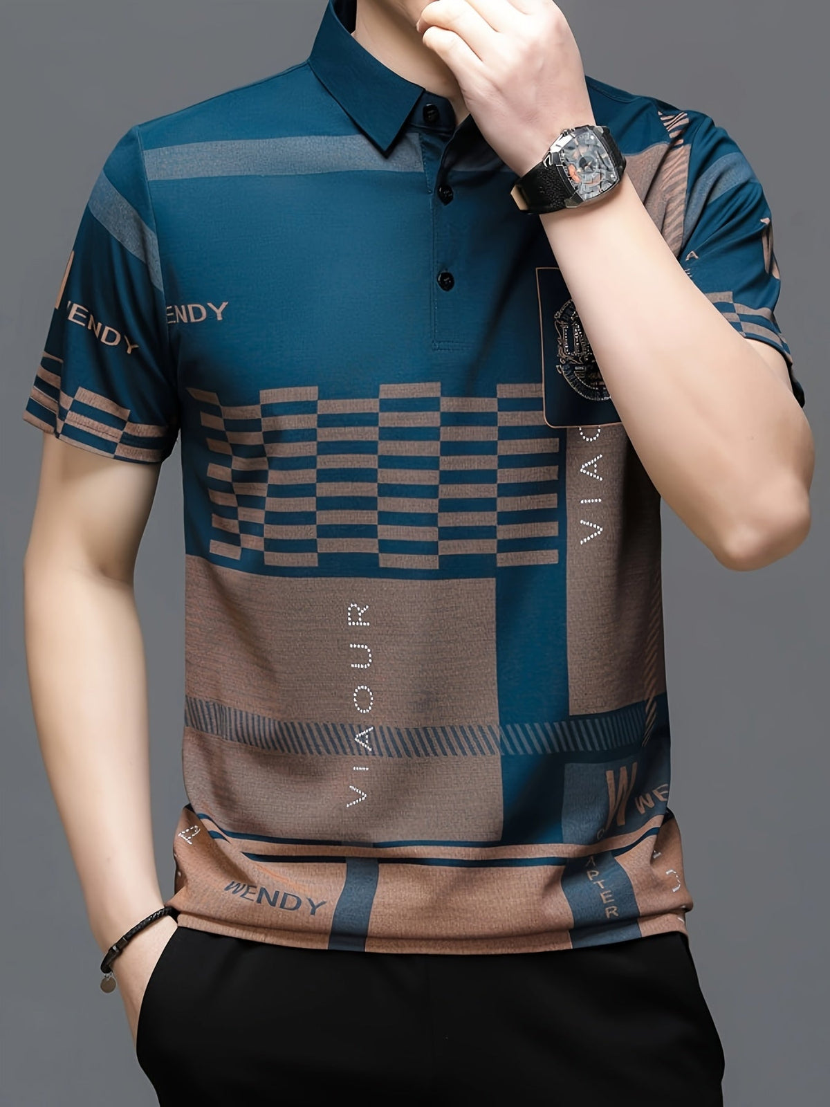 Men's colorblock short-sleeve polo shirt in black, navy blue and white — Kessoro, image 10 of 14