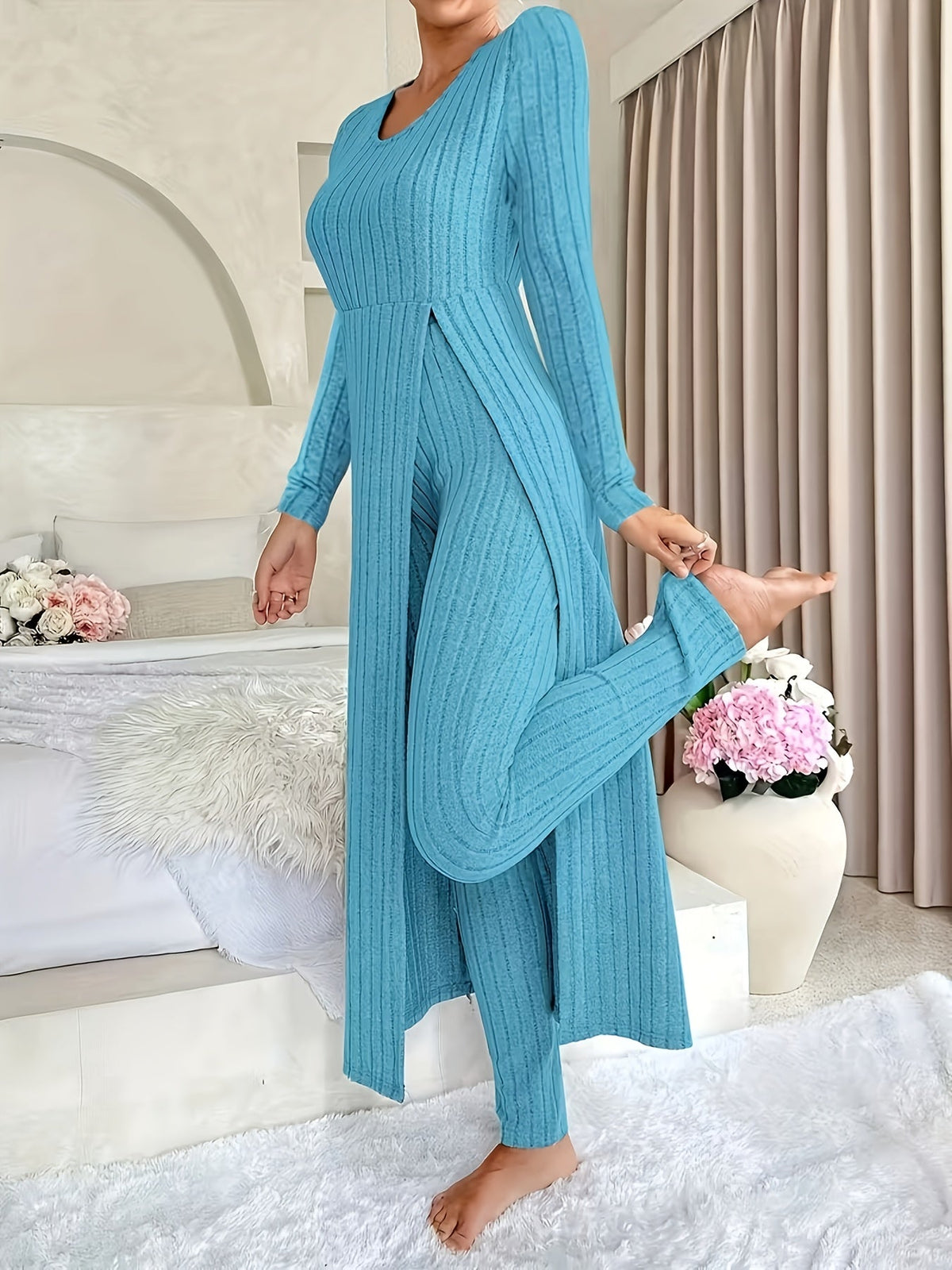 Kessoro women's ribbed tunic and wide-leg trouser lounge set in sage, violet and peacock blue, view 7