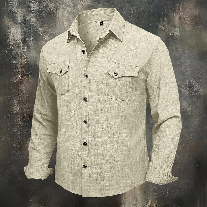 Kessoro men's relaxed-fit flap-pocket utility shirt in blue, grey, beige and pink tones, view 7