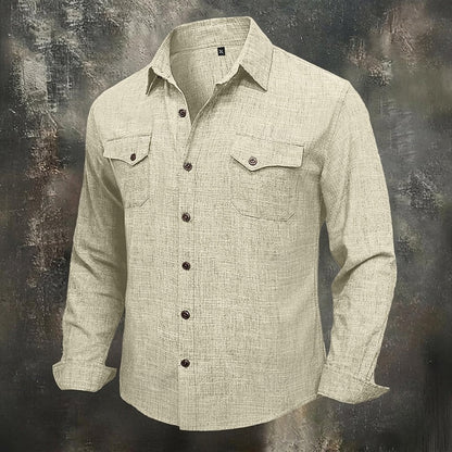 Kessoro men's relaxed-fit flap-pocket utility shirt in blue, grey, beige and pink tones, view 7