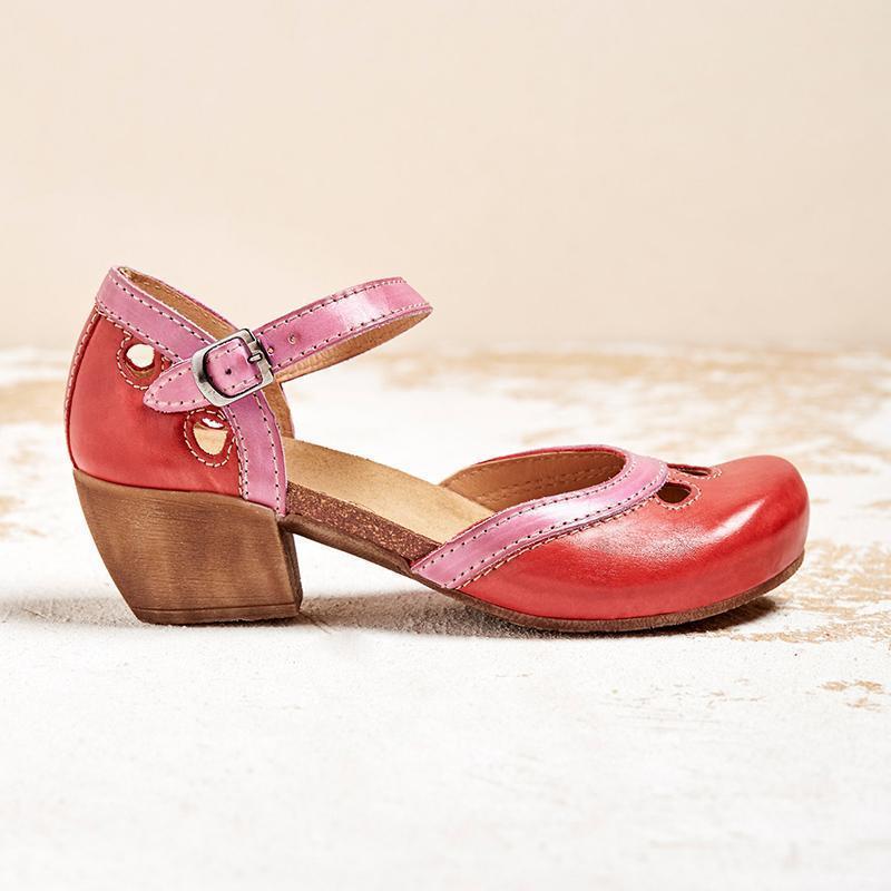 Women's low-heel T-strap comfort sandals in blue, orange, red and green — Kessoro, image 7 of 8