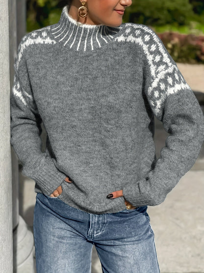 Kessoro women's contrast-trim mock neck knit sweater in dark grey and grey