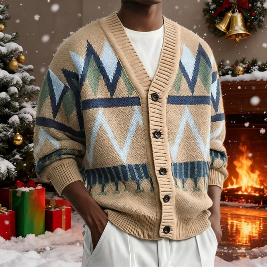 Kessoro geometric pattern V-neck button cardigan for men in Gray, view 1