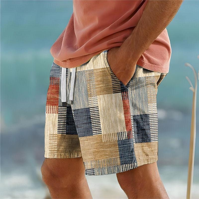 Kessoro men's patchwork drawstring vacation swim shorts in khaki, blue, green and grey, men's swimwear — view 1 of 4