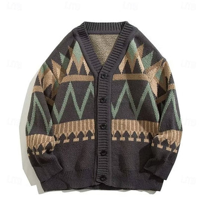 Kessoro geometric pattern V-neck button cardigan for men in Khaki, view 4