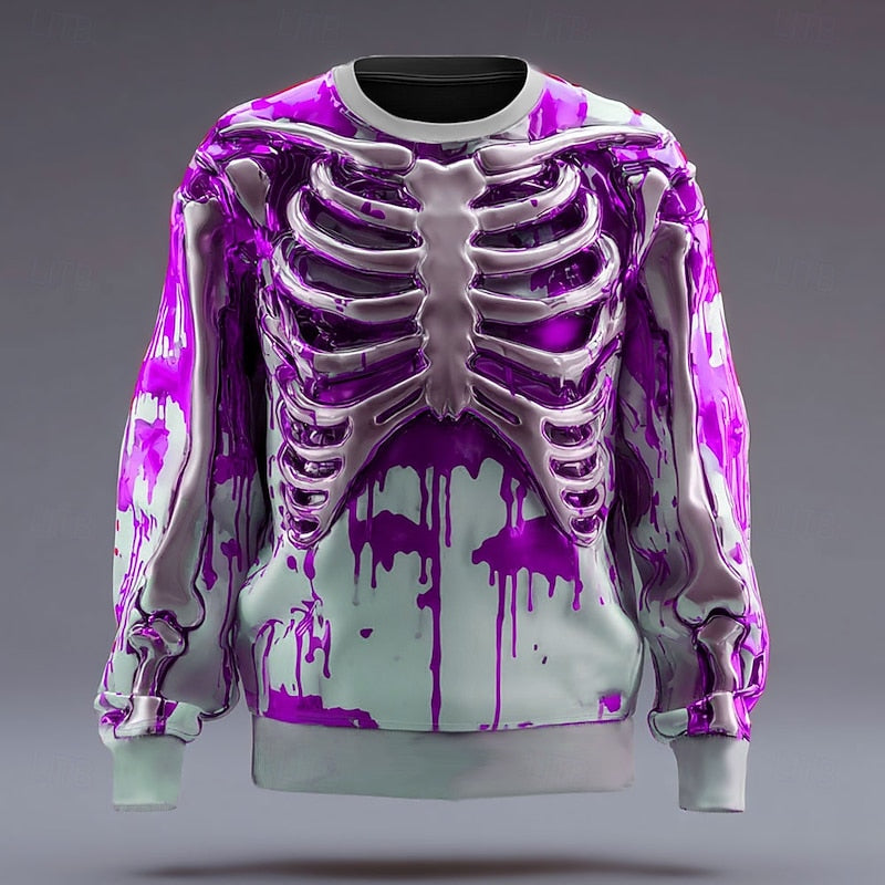 Kessoro Purple Halloween skeleton print crew neck sweatshirt for men and women