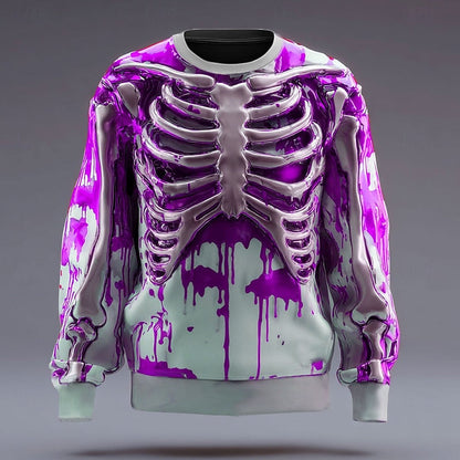 Kessoro Purple Halloween skeleton print crew neck sweatshirt for men and women