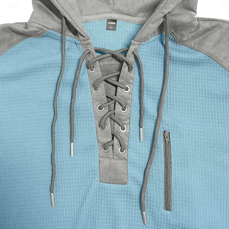 Kessoro men's lace-up textured pullover hoodie in green, light blue, navy and black, view 3