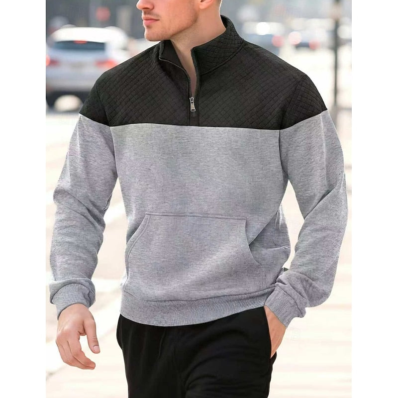 Kessoro men's textured quarter-zip color block sweatshirt in grey, army green, navy and khaki