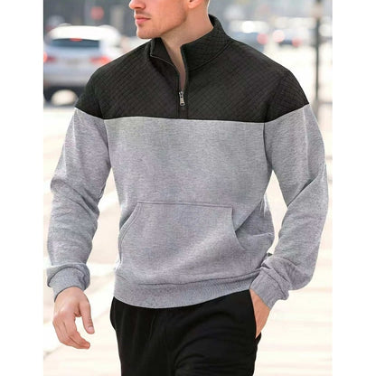 Kessoro men's textured quarter-zip color block sweatshirt in grey, army green, navy and khaki
