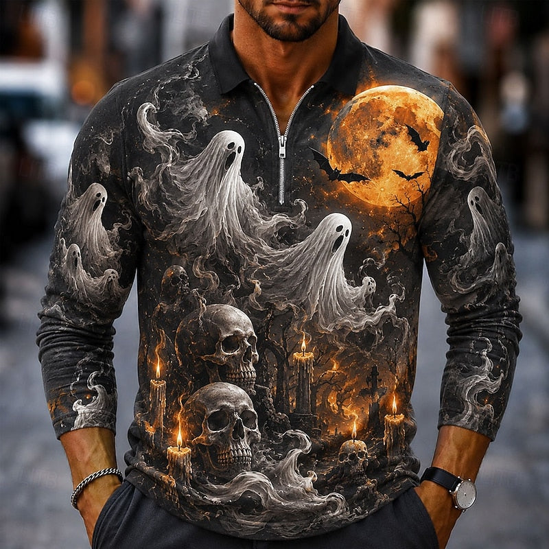 Kessoro Orange Halloween pumpkin print quarter-zip long-sleeve polo shirt for men