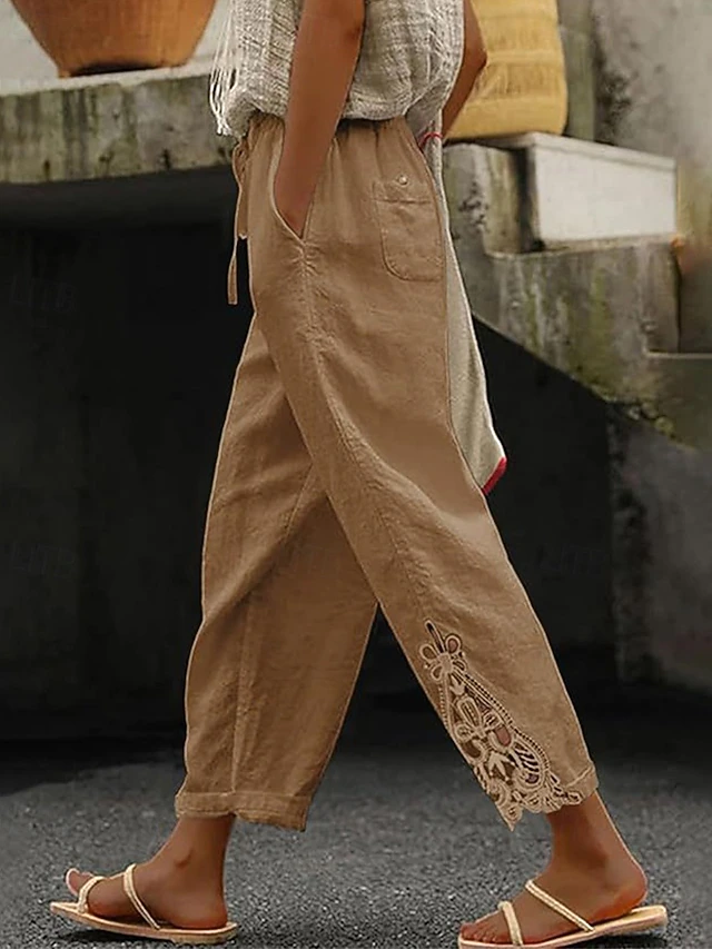 Kessoro Women's relaxed drawstring waist cropped trousers in white, khaki, black and more, view 4