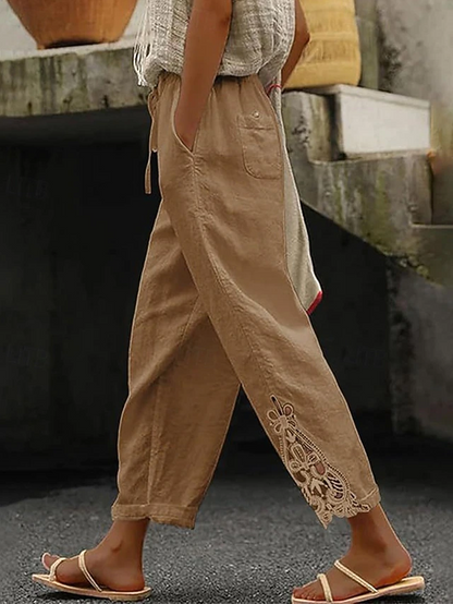 Kessoro Women's relaxed drawstring waist cropped trousers in white, khaki, black and more, view 4