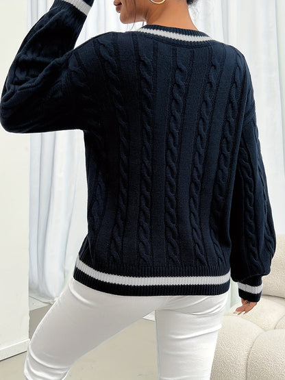 Kessoro women's cable-knit V-neck sweater in navy and black
