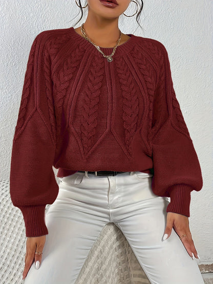 Kessoro women's relaxed cable-knit lantern-sleeve sweater in matcha, beige, burgundy, navy and camel