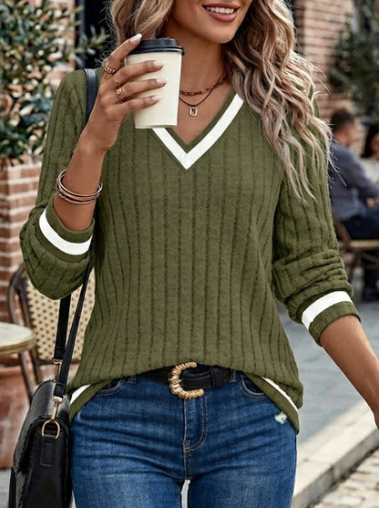Kessoro women's color-block ribbed V-neck long sleeve top in blue, black, cream, white and green - view 11 of 11