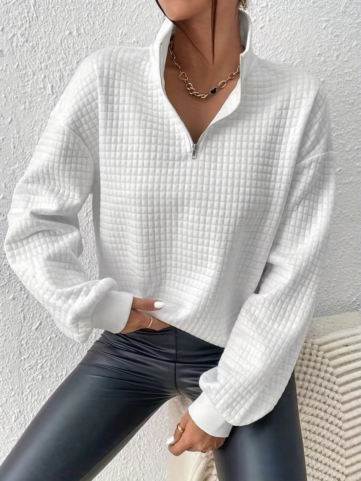 Kessoro women's relaxed quarter-zip stand collar pullover in white, deep red, grey, black, matcha, pink and light green - view 1 of 19