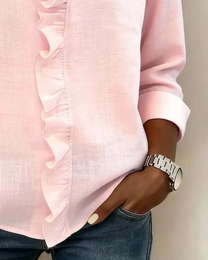 Kessoro women's V-neck ruffle long-sleeve blouse in pink, white, green, blue, black, orange, yellow and purple