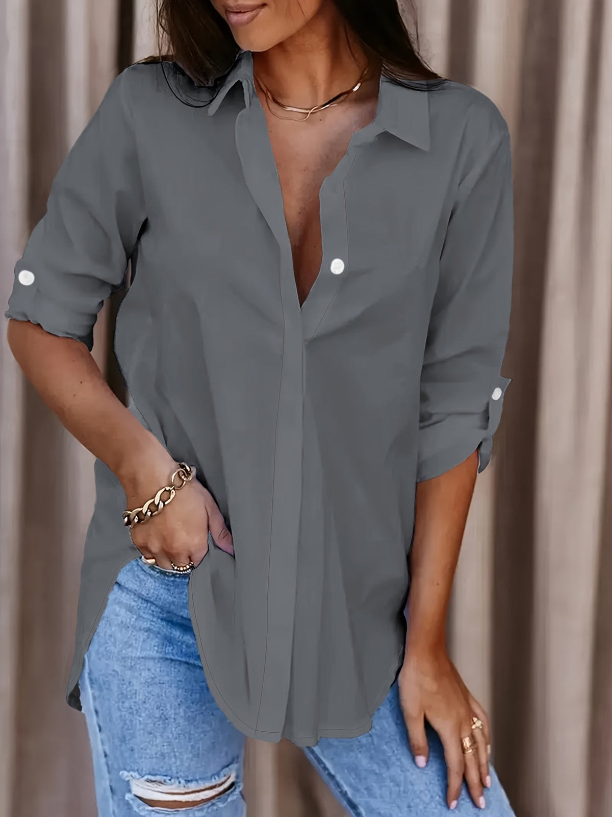 Kessoro Women's relaxed fit roll-tab sleeve collared shirt in white, red, black and more, view 2