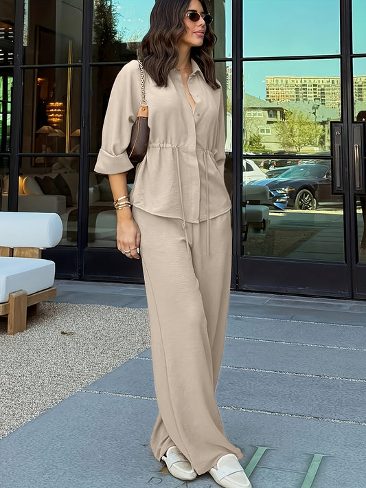 Women's relaxed lapel top and drawstring wide-leg pants set in coffee brown, burgundy, khaki and black