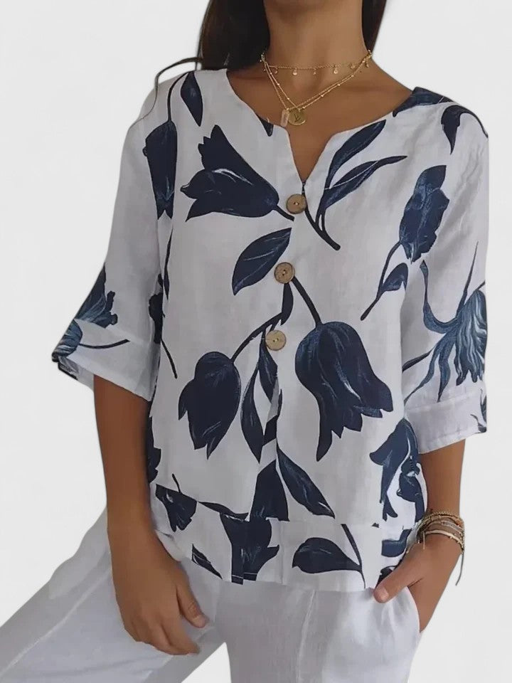 Kessoro women's relaxed floral print V-neck blouse in white, blue and pink, view 4