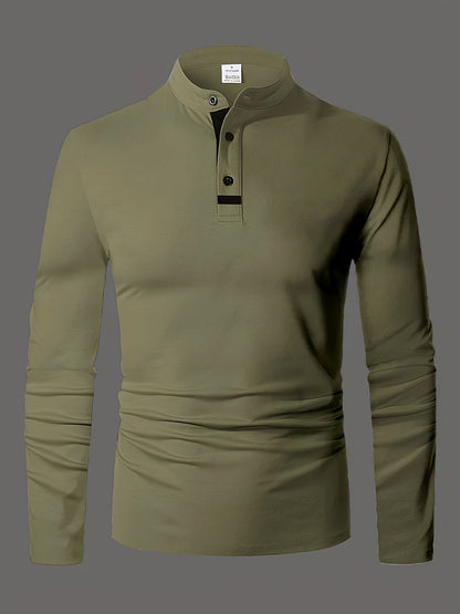 Men's refined long-sleeve button-placket henley shirt in granny gray, matcha green and navy, full-length view