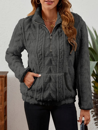 Kessoro women's plush textured half-zip pullover in burgundy, grey, pink, white, khaki, purple and blue - product view 52