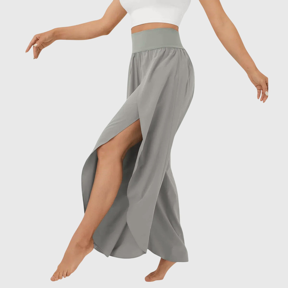 Women's high-waist flowing wide-leg split pants in a soft pastel and neutral colour family (view 3)