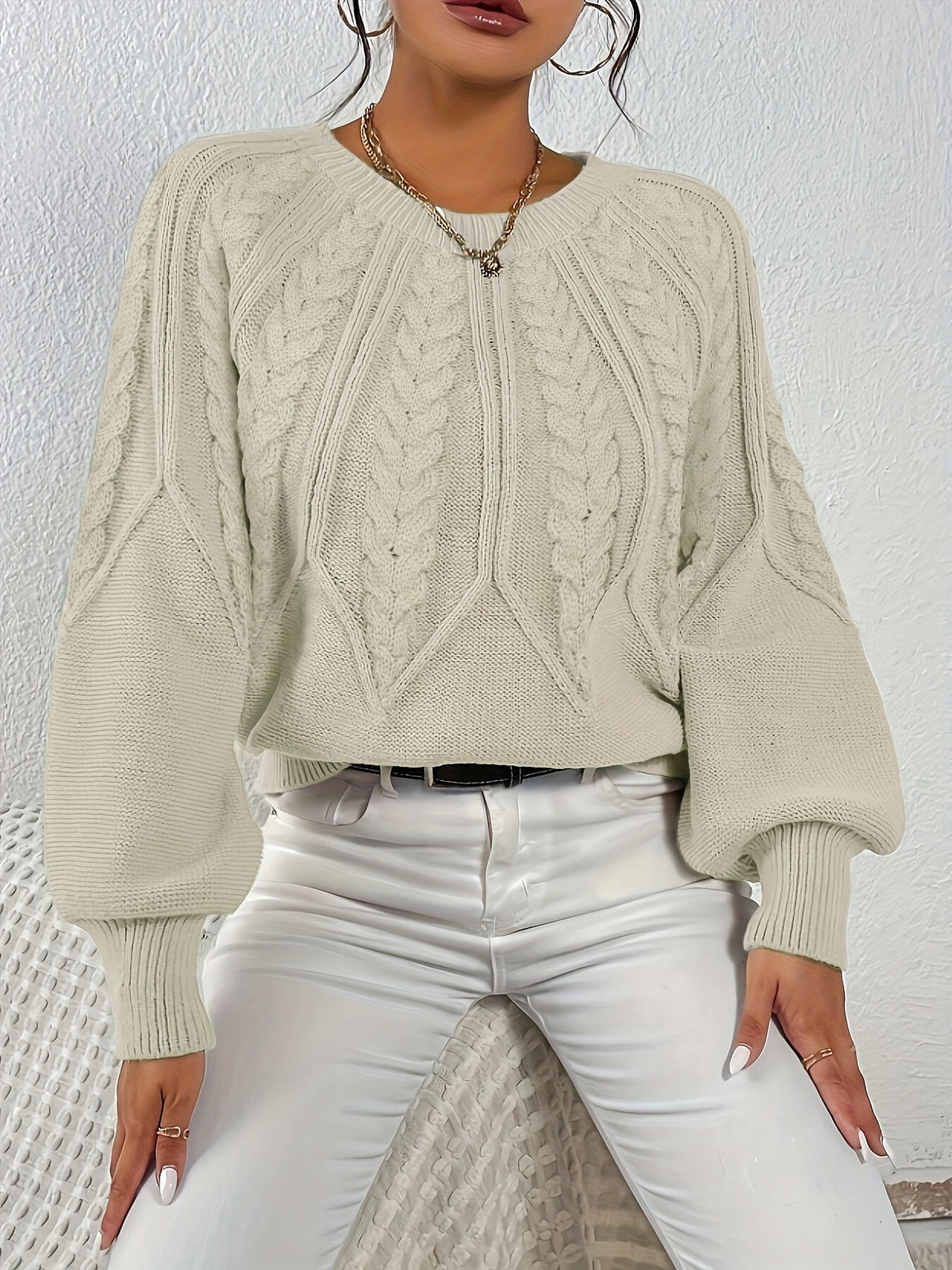 Kessoro women's relaxed cable-knit lantern-sleeve sweater in matcha, beige, burgundy, navy and camel