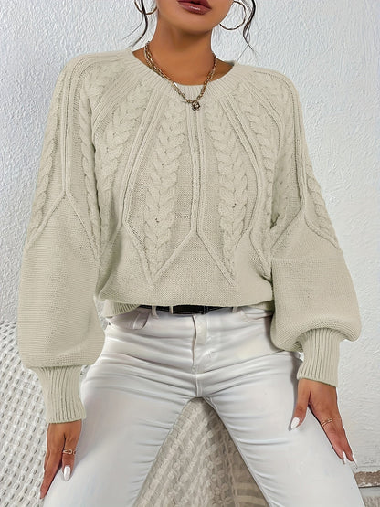 Kessoro women's relaxed cable-knit lantern-sleeve sweater in matcha, beige, burgundy, navy and camel