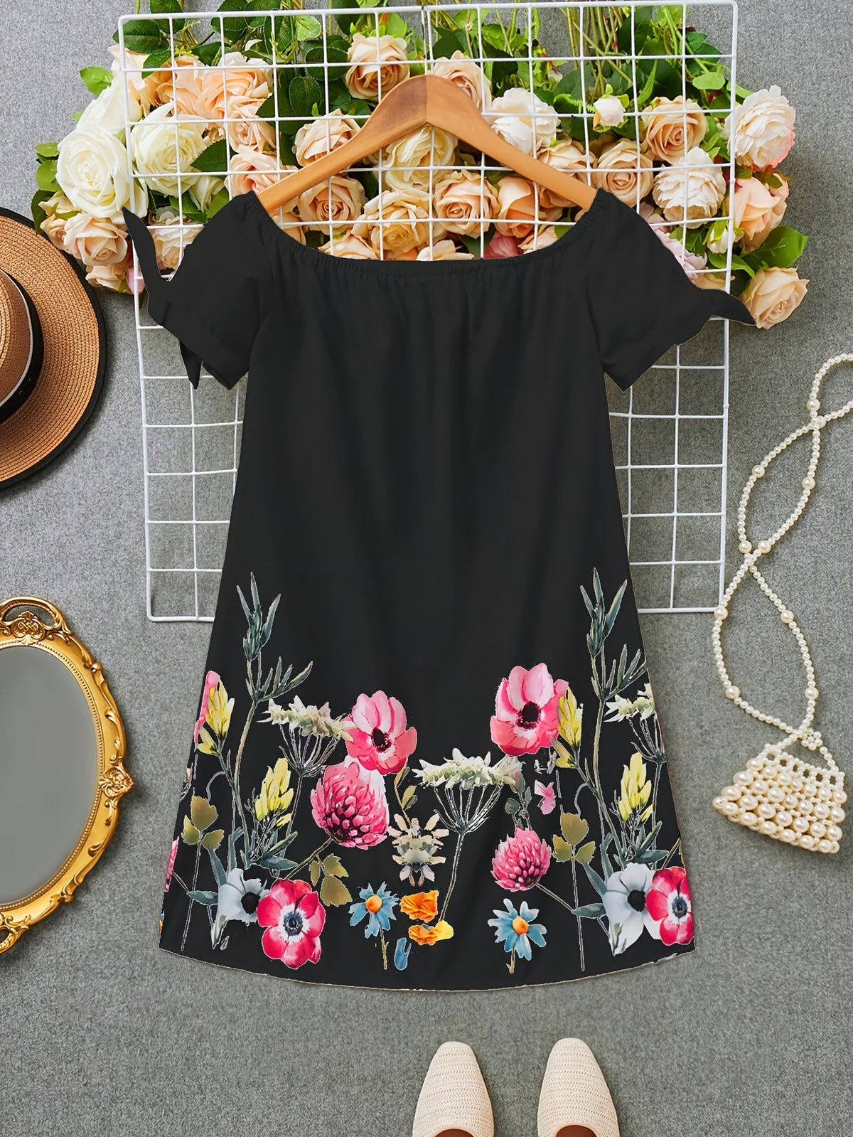 Kessoro women's floral off-shoulder bow-sleeve dress shown in white, black and pink colourways on a female model