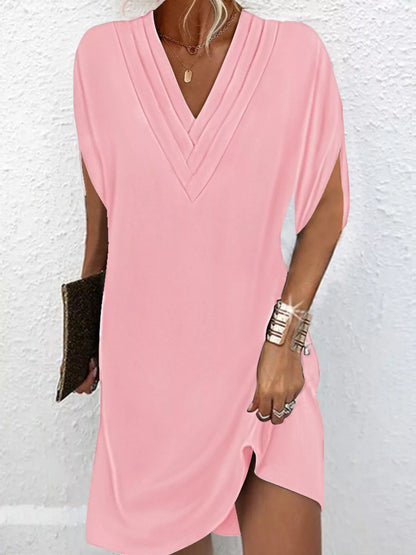 Women's V-neck mini dress with slit sleeves in army green, black, white, orange and pink