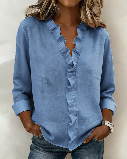Kessoro women's V-neck ruffle long-sleeve blouse in pink, white, green, blue, black, orange, yellow and purple