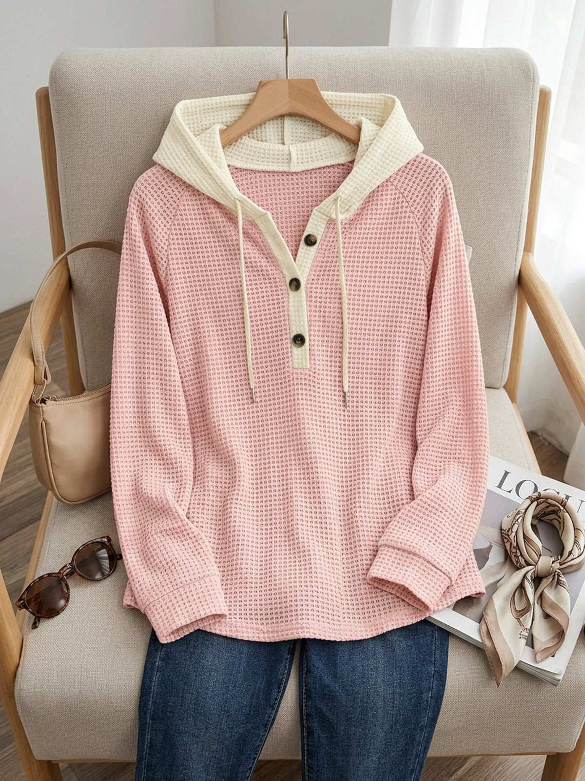 Kessoro women's waffle-knit relaxed hooded top in beige, black or pink, view 18 of 22