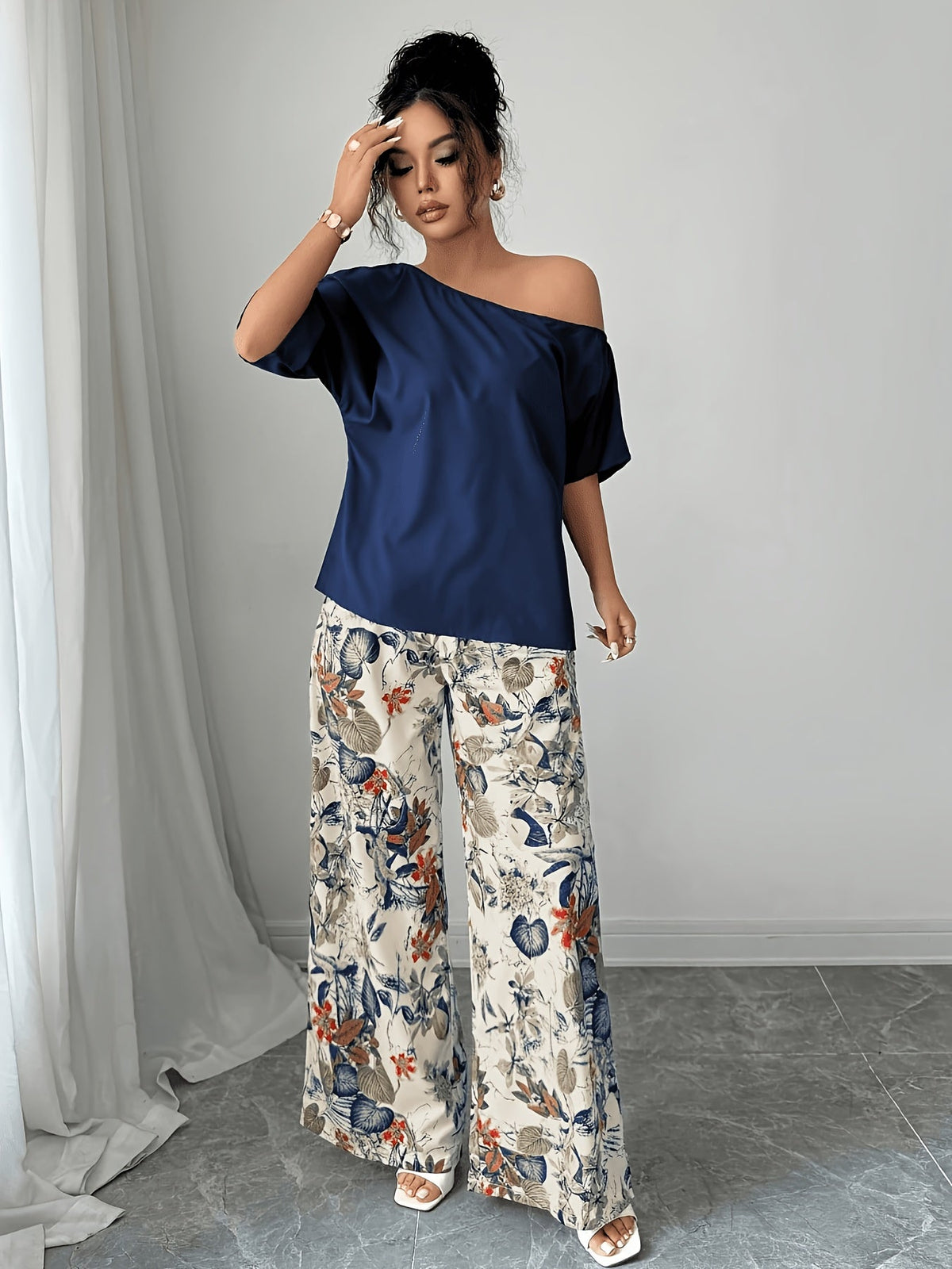 Kessoro women's off-shoulder wide-leg two-piece set in blue and pink, view 6